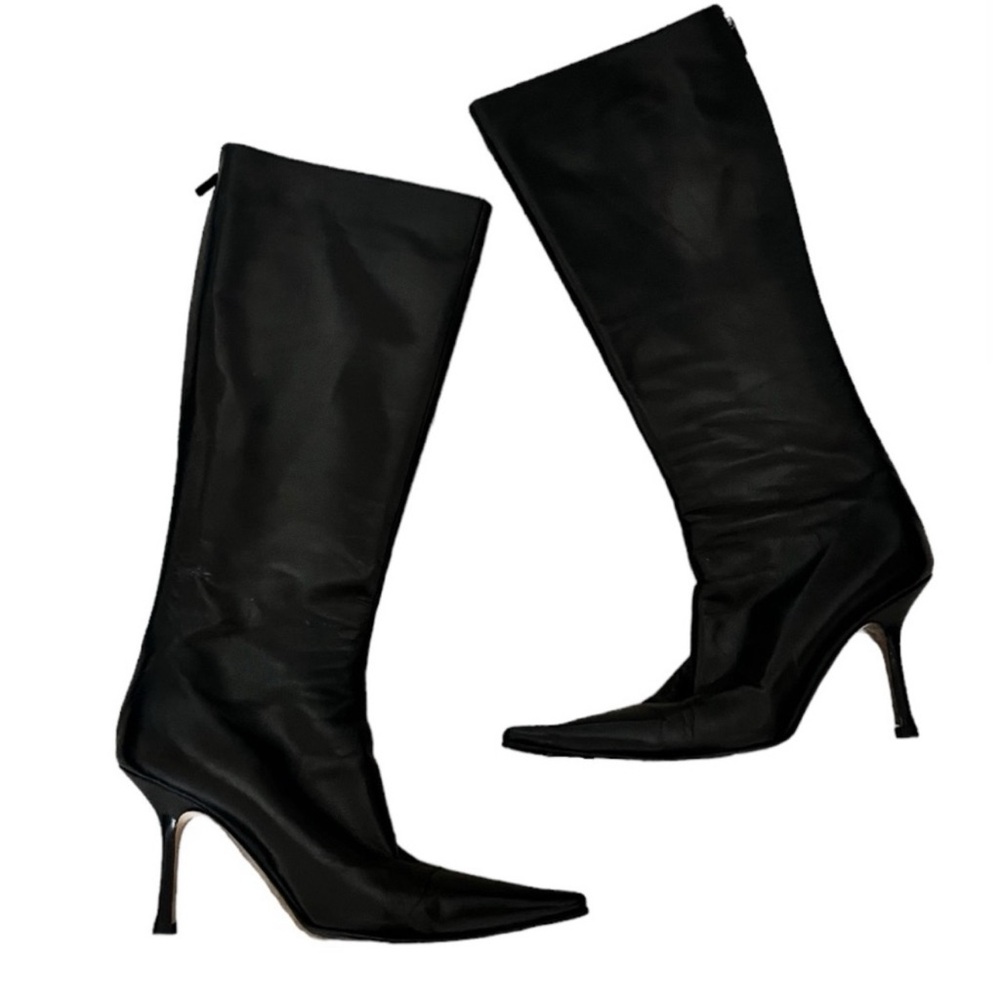 Vintage Jimmy Choo Black Leather Pointed Toe Stiletto Knee High Boots Size 39.5